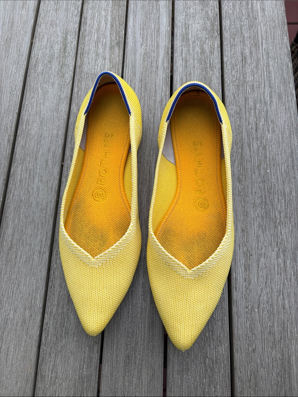 Rothy's Yellow Pointed Knit Slip-On Flats with Blue Trim